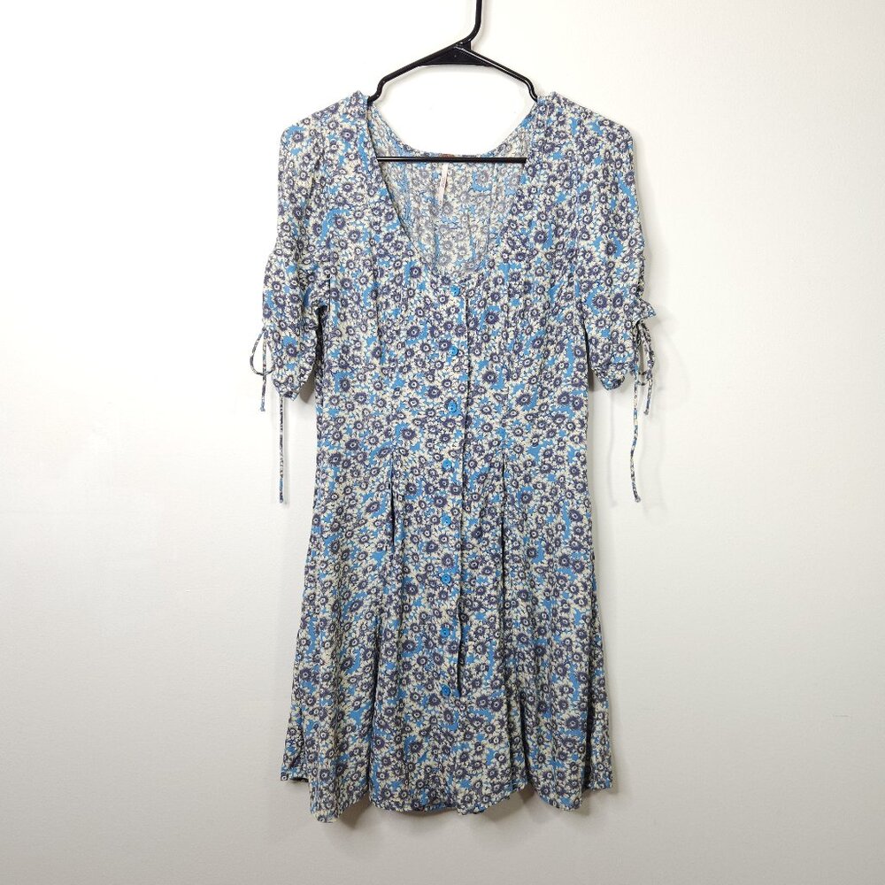 Free People Daisy Print Blue Lace Up Back Mini Dress Button Front Sundress M